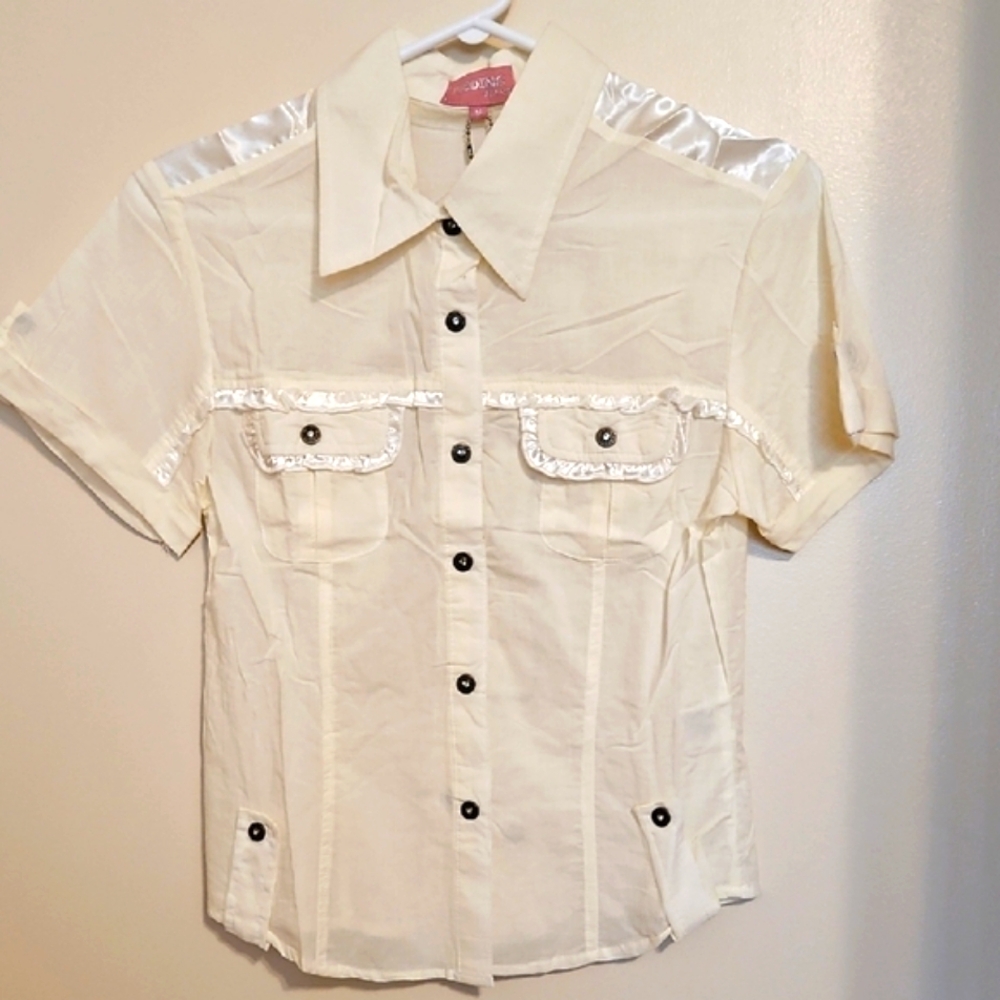 Pudding Jeans Cream Button-Up Short Sleeve Shirt NWOT